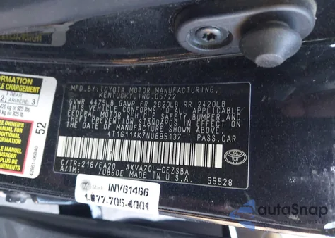 2022 Toyota Camry Se из США, поврежденный, VIN 4T1G11AK7NU695137